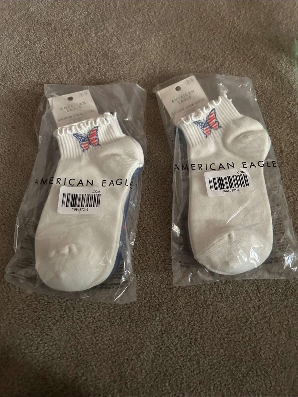 American Eagle Outfitters White Ankle Socks with Red & Blue Butterfly Accent